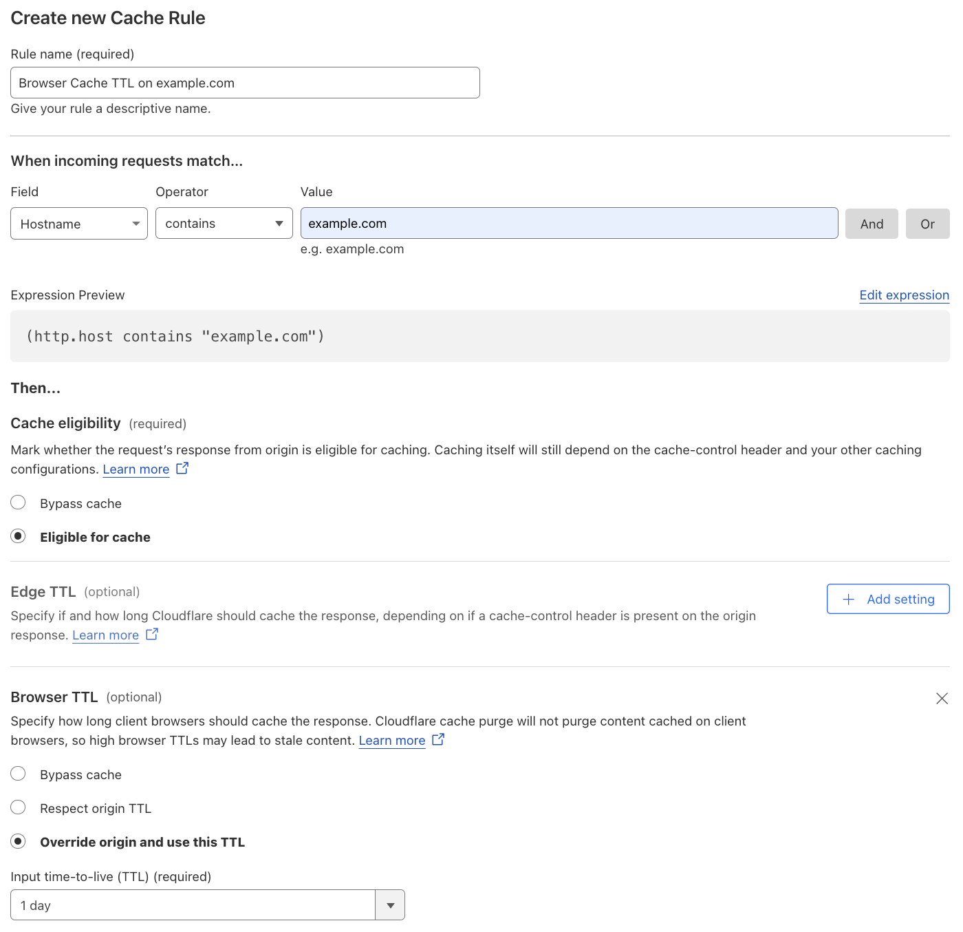 Cache rule matching the ‘Browser Cache TTL’ setting of the example Page Rule