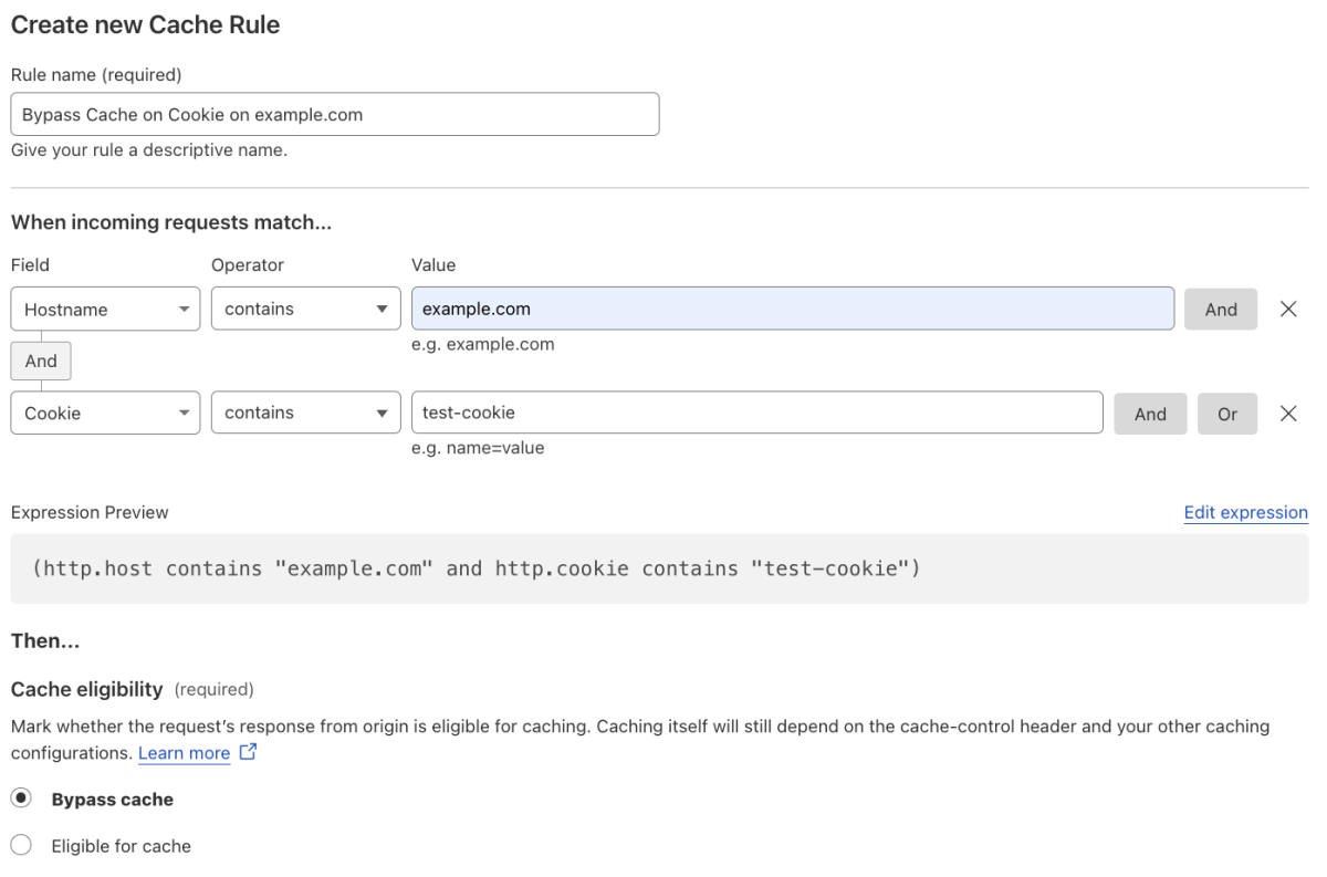 Cache rule matching the ‘Bypass Cache on Cookie’ setting of the example Page Rule
