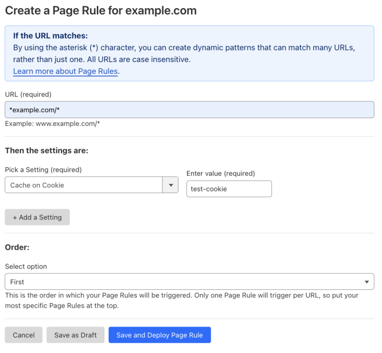 Example Page Rule with ‘Cache on Cookie’ setting