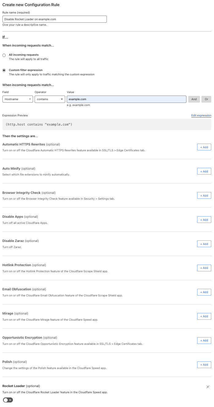 Configuration rule matching the ‘Rocket Loader > Off’ setting of the example Page Rule
