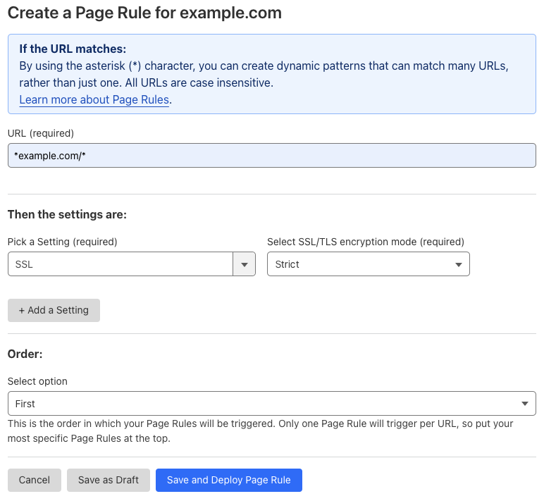 Example Page Rule with ‘SSL’ setting