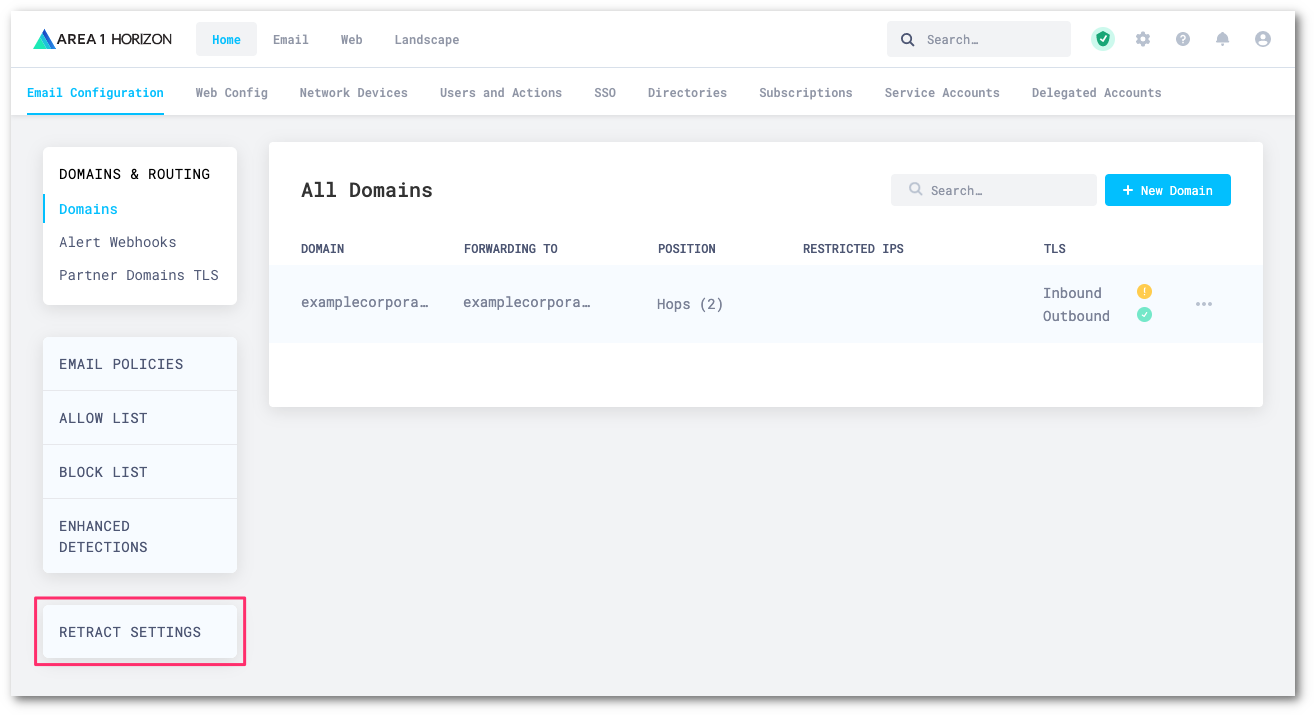 Access the retract settings in Email Security